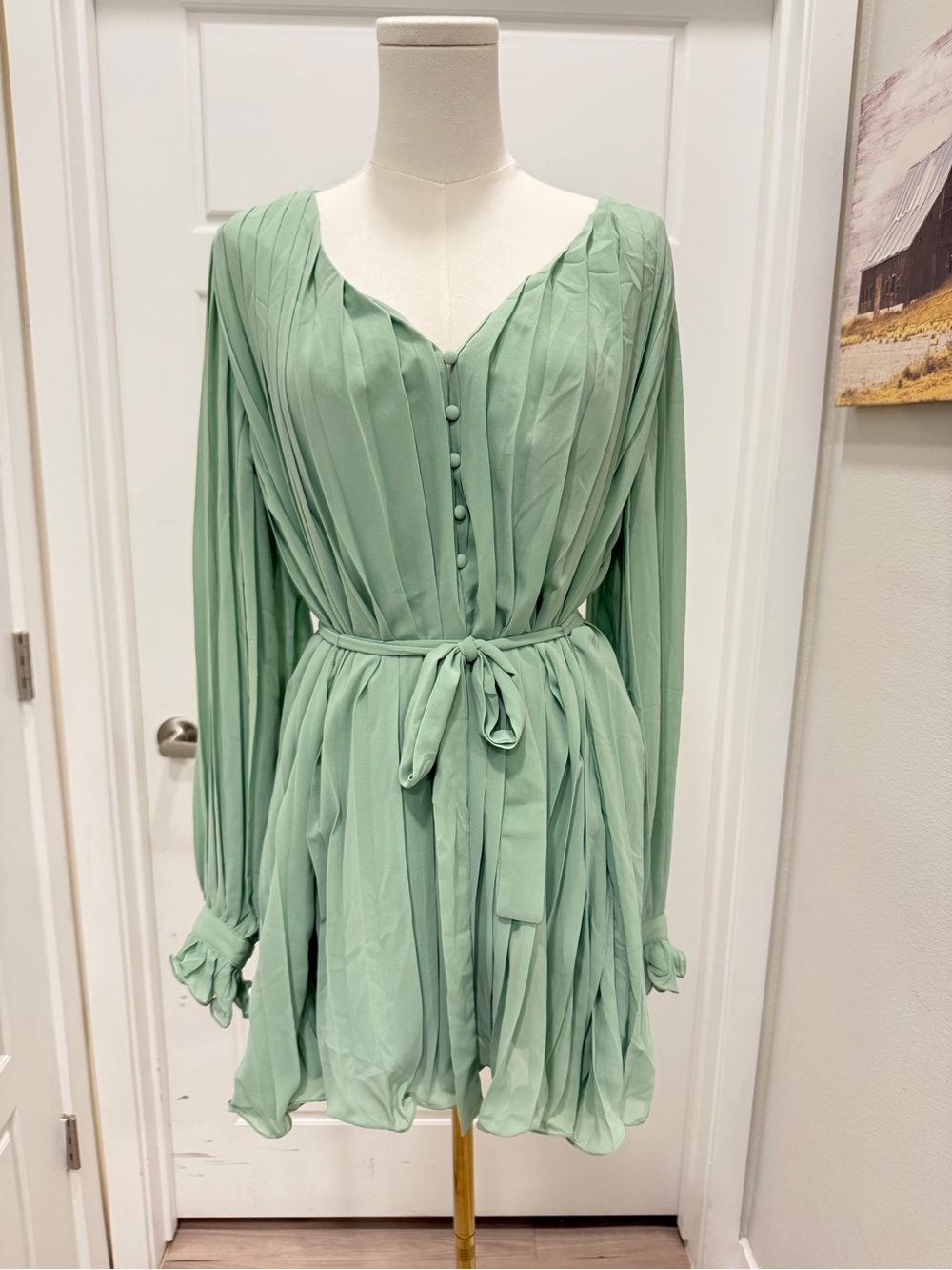 Endless Rose Sage Green Pleated V-Neck Tie-Waist Romper - Picture 2 of 9